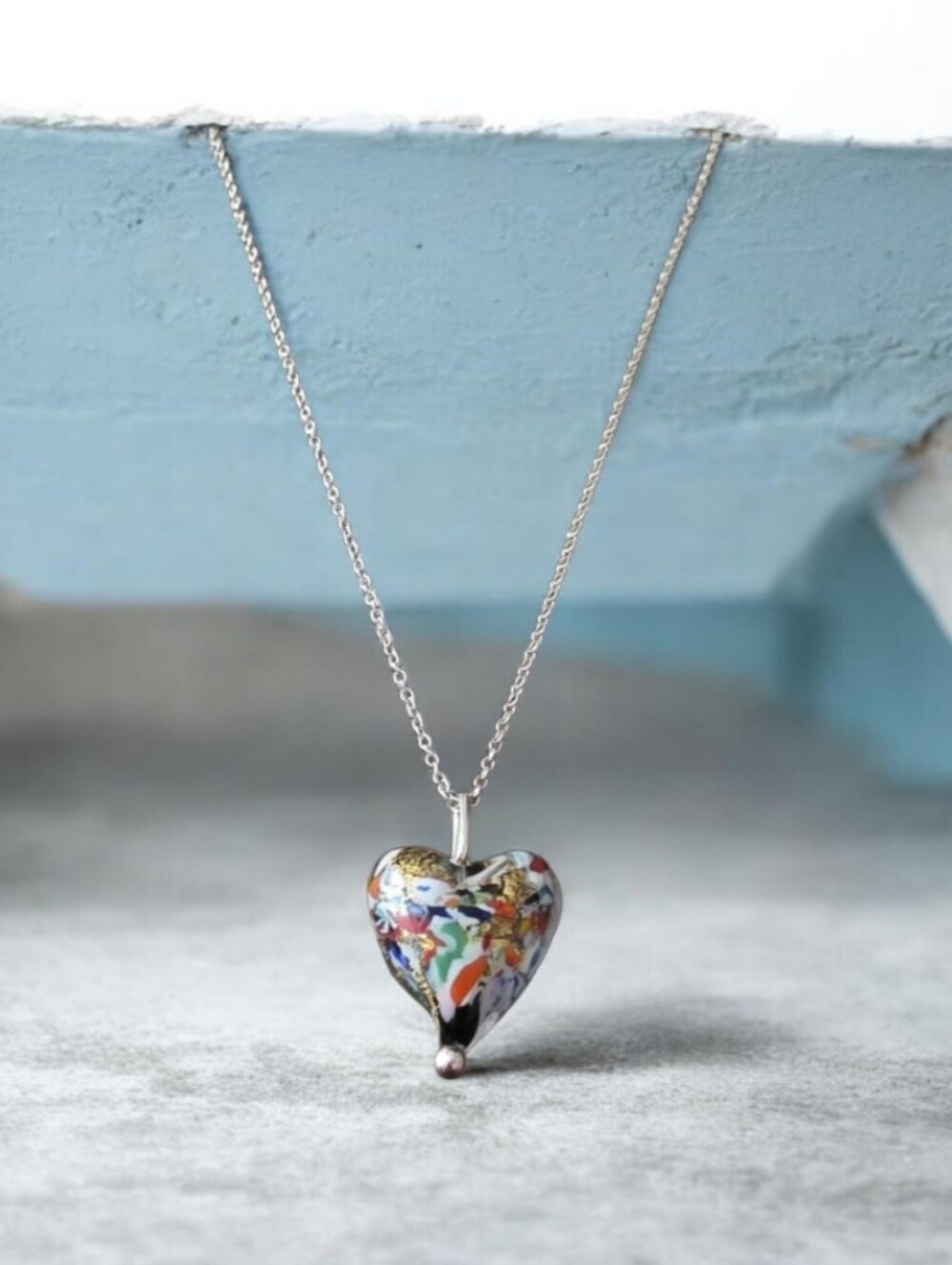 VENETIAN MURANO GLASS HEART & Sterling Silver Chain 925 Italy